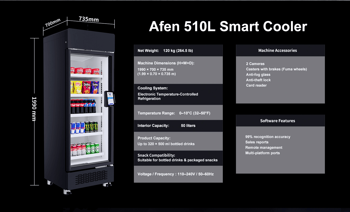 Mīhini Hokohoko AFEN Smart Cooler AI 510L Ngā Ahu me te Kaha Te kaha rokiroki matotoru o te mīhini hoko AFEN AI e whakanui ana i te ROI hokohoko i roto i te tapuwae iti
