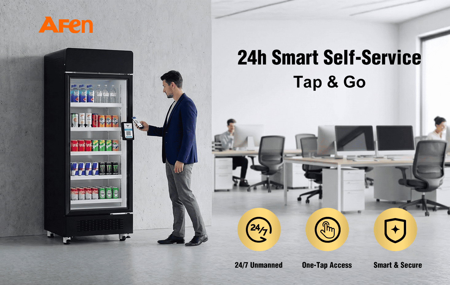 AFEN Smart Cooler 510L Hero Scene He pouaka whakamatao atamai AFEN 510 e whakarato ana i ngā otinga hokohoko kore tangata 24/7 mō ngā tari me ngā whare takaro tinana